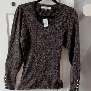 LOFT Shimmer Metallic Pearlized Cuff Ribbed Sweater Puff Long Sleeves Top - NEW